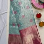 Kanchipuram Semi Pattu Saree, Blue Green Silk Saree, Red Border Saree, South Indian Wedding Saree, Traditional Pattu Sarees, Affordable Kanchipuram Saree, Saree for Festive Wear, Elegant Silk Saree Online, Bridal Saree Look, Buy Sarees Online India