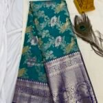 Green Kanchipuram Saree, Semi Pattu Silk Saree, Peacock Design Saree, Flower Motif Silk Saree, Navy Blue Border Saree, South Indian Saree Online, Traditional Silk Saree India, Wedding Sarees Online, Affordable Pattu Saree, Buy Ethnic Sarees Online