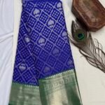 Blue Semi Pattu Saree, Kanchipuram Silk Saree Online, Peacock Feather Design Saree, Green Zari Border Saree, Traditional South Indian Saree, Wedding Saree Look, Affordable Pattu Sarees Online, Buy Saree Online India, Elegant Festive Sarees