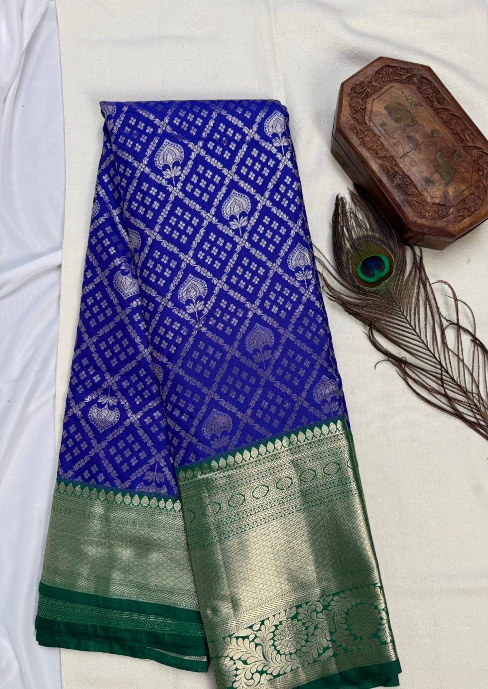 Blue Semi Pattu Saree, Kanchipuram Silk Saree Online, Peacock Feather Design Saree, Green Zari Border Saree, Traditional South Indian Saree, Wedding Saree Look, Affordable Pattu Sarees Online, Buy Saree Online India, Elegant Festive Sarees
